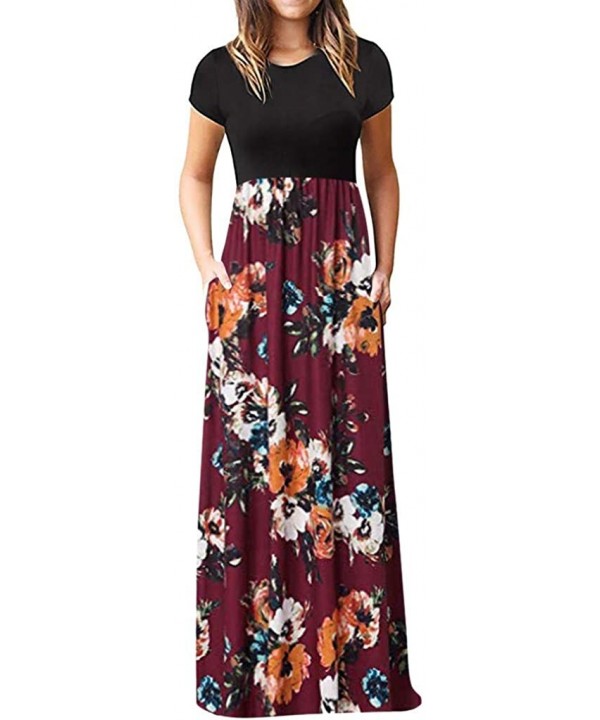 Vestido Women's O-Neck Print T Shirt Maxi Tank Long Swing Dress - Wine O - CF18T7MGEET $12.74-Cover-Ups