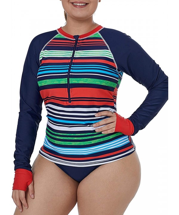 Women Long Raglan Sleeves Pullover Rashguard Zip Front Multicoloured Striped Swimwear Tops - Multi Striped - CZ18U94MKI0 $35....