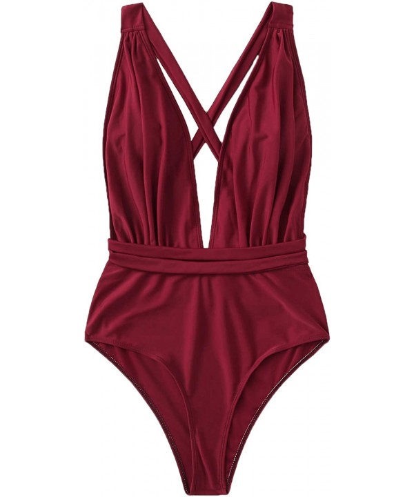 Women's Sexy Bathing Suits Criss Cross Tie Knot Front Deep V Open Back Solid Color One Piece Swimwear Z burgundy - CN197LYW5Y...