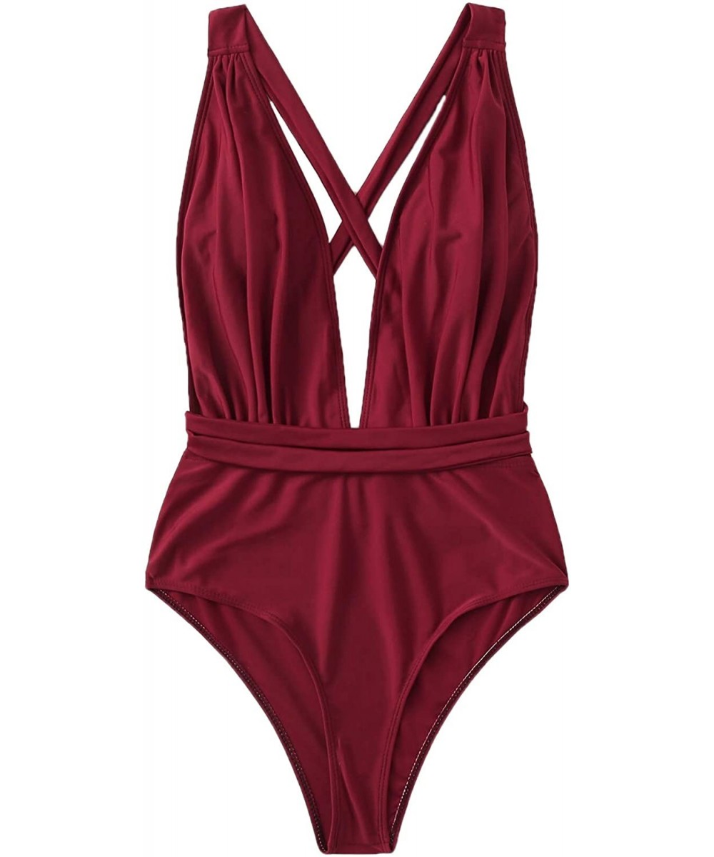 Women's Sexy Bathing Suits Criss Cross Tie Knot Front Deep V Open Back Solid Color One Piece Swimwear Z burgundy - CN197LYW5Y...