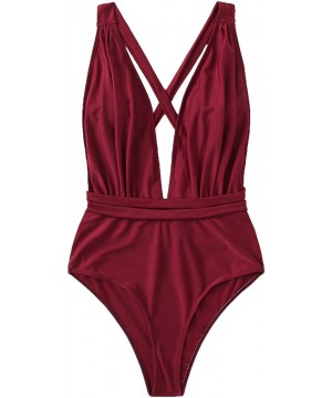 Women's Sexy Bathing Suits Criss Cross Tie Knot Front Deep V Open Back Solid Color One Piece Swimwear Z burgundy - CN197LYW5Y...