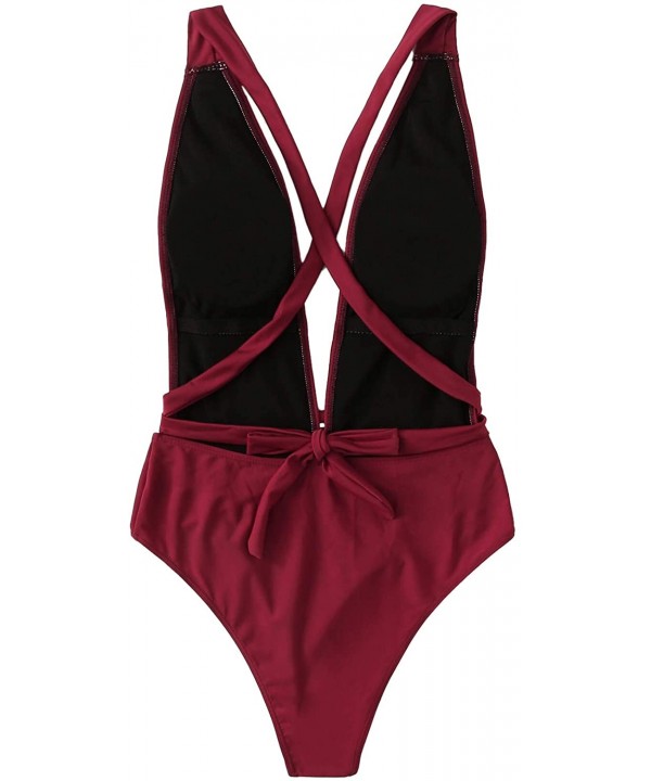 Women's Sexy Bathing Suits Criss Cross Tie Knot Front Deep V Open Back Solid Color One Piece Swimwear Z burgundy - CN197LYW5Y...