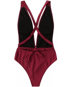 Women's Sexy Bathing Suits Criss Cross Tie Knot Front Deep V Open Back Solid Color One Piece Swimwear Z burgundy - CN197LYW5Y...