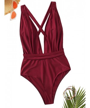 Women's Sexy Bathing Suits Criss Cross Tie Knot Front Deep V Open Back Solid Color One Piece Swimwear Z burgundy - CN197LYW5Y...