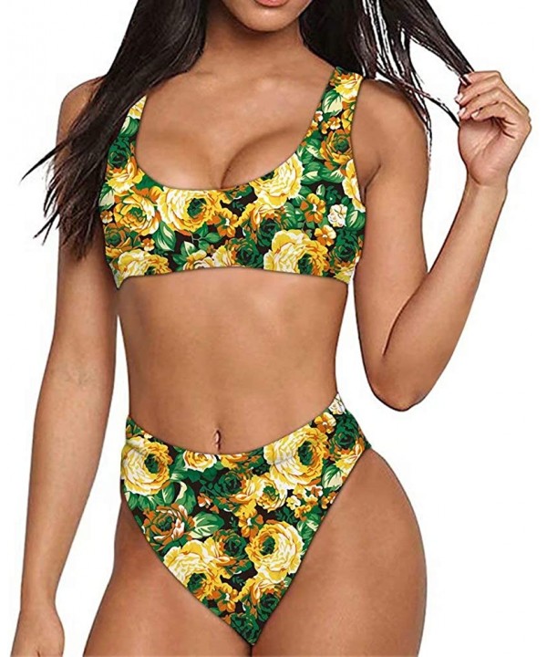 Bikini Women Sexy Push Up Swimsuit High Waist Tankini 2pcs Plus Size Swimsuits - Yellow Flower - CU1960TRGYI $25.06-Sets