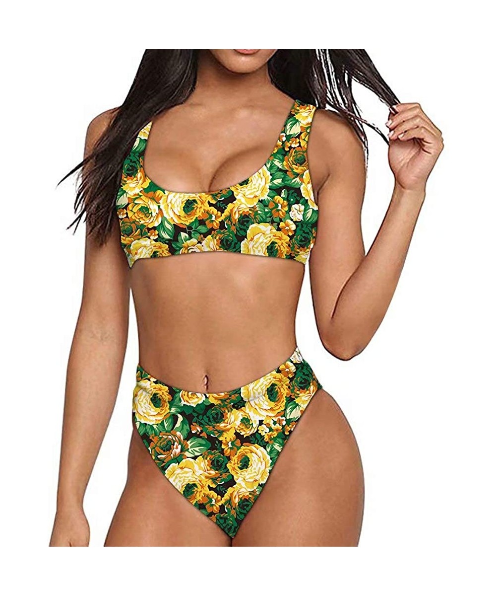 Bikini Women Sexy Push Up Swimsuit High Waist Tankini 2pcs Plus Size Swimsuits - Yellow Flower - CU1960TRGYI $25.06-Sets