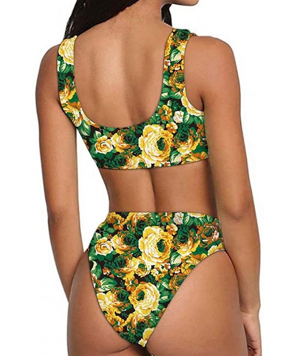 Bikini Women Sexy Push Up Swimsuit High Waist Tankini 2pcs Plus Size Swimsuits - Yellow Flower - CU1960TRGYI $25.06-Sets