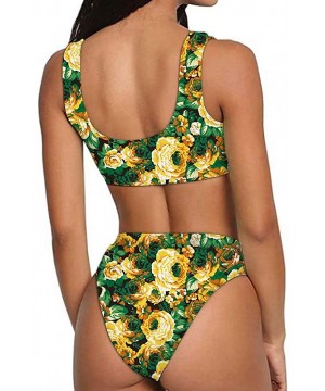 Bikini Women Sexy Push Up Swimsuit High Waist Tankini 2pcs Plus Size Swimsuits - Yellow Flower - CU1960TRGYI $25.06-Sets