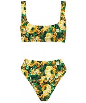 Bikini Women Sexy Push Up Swimsuit High Waist Tankini 2pcs Plus Size Swimsuits - Yellow Flower - CU1960TRGYI $25.06-Sets