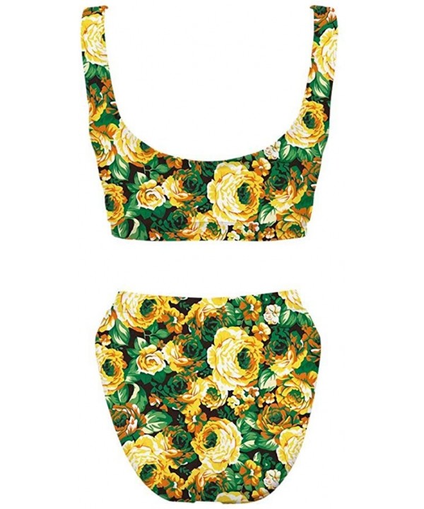 Bikini Women Sexy Push Up Swimsuit High Waist Tankini 2pcs Plus Size Swimsuits - Yellow Flower - CU1960TRGYI $25.06-Sets