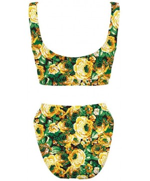 Bikini Women Sexy Push Up Swimsuit High Waist Tankini 2pcs Plus Size Swimsuits - Yellow Flower - CU1960TRGYI $25.06-Sets