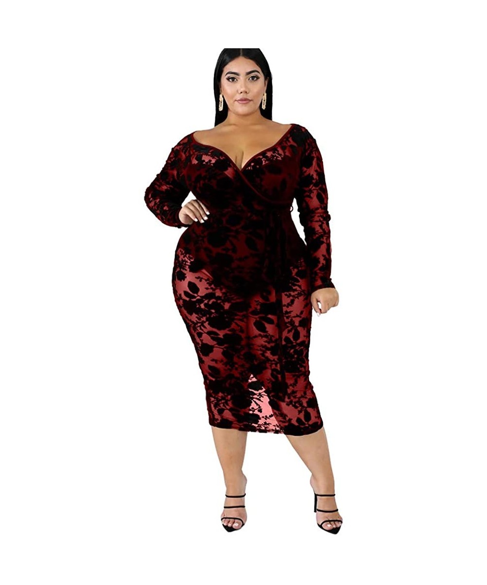 Womens Sexy Plus Size Floral Lace Mesh See Through V Neck Long Sleeve Sheer Split Bodycon Long Midi Dress - Wine - CJ192DU206...