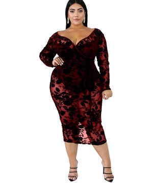 Womens Sexy Plus Size Floral Lace Mesh See Through V Neck Long Sleeve Sheer Split Bodycon Long Midi Dress - Wine - CJ192DU206...