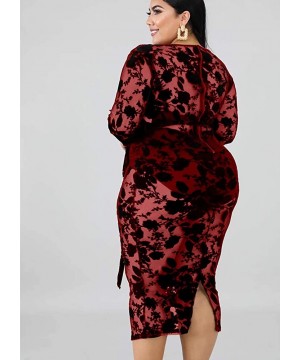 Womens Sexy Plus Size Floral Lace Mesh See Through V Neck Long Sleeve Sheer Split Bodycon Long Midi Dress - Wine - CJ192DU206...