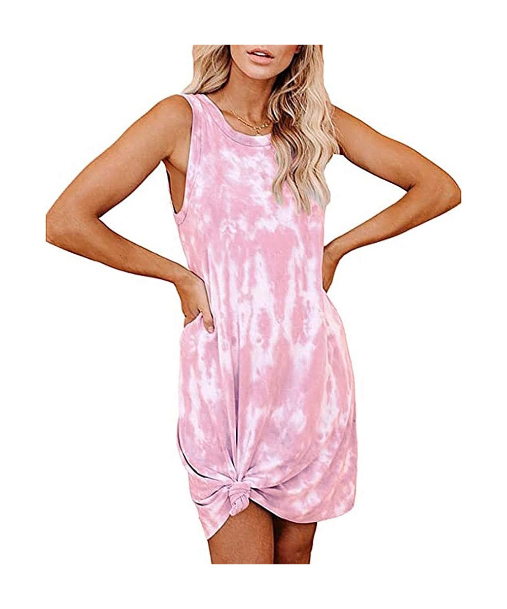 Women Tie-dye Print Sleeveless Mini Dress Casual Round Neck Rainbow Short Mini Dress - Pink - C3199HSMQMI $15.58-Rash Guards