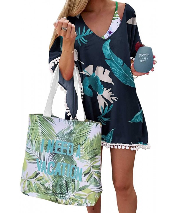 Women's Pom Pom Trim Kaftan Chiffon Swimwear Beach Cover Up - 03_palm Leaf Print - CR190HZDU9Z $27.03-Cover-Ups