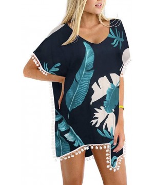 Women's Pom Pom Trim Kaftan Chiffon Swimwear Beach Cover Up - 03_palm Leaf Print - CR190HZDU9Z $27.03-Cover-Ups