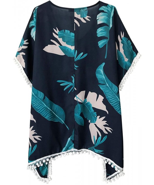 Women's Pom Pom Trim Kaftan Chiffon Swimwear Beach Cover Up - 03_palm Leaf Print - CR190HZDU9Z $27.03-Cover-Ups