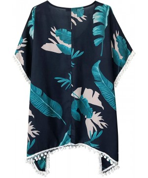 Women's Pom Pom Trim Kaftan Chiffon Swimwear Beach Cover Up - 03_palm Leaf Print - CR190HZDU9Z $27.03-Cover-Ups