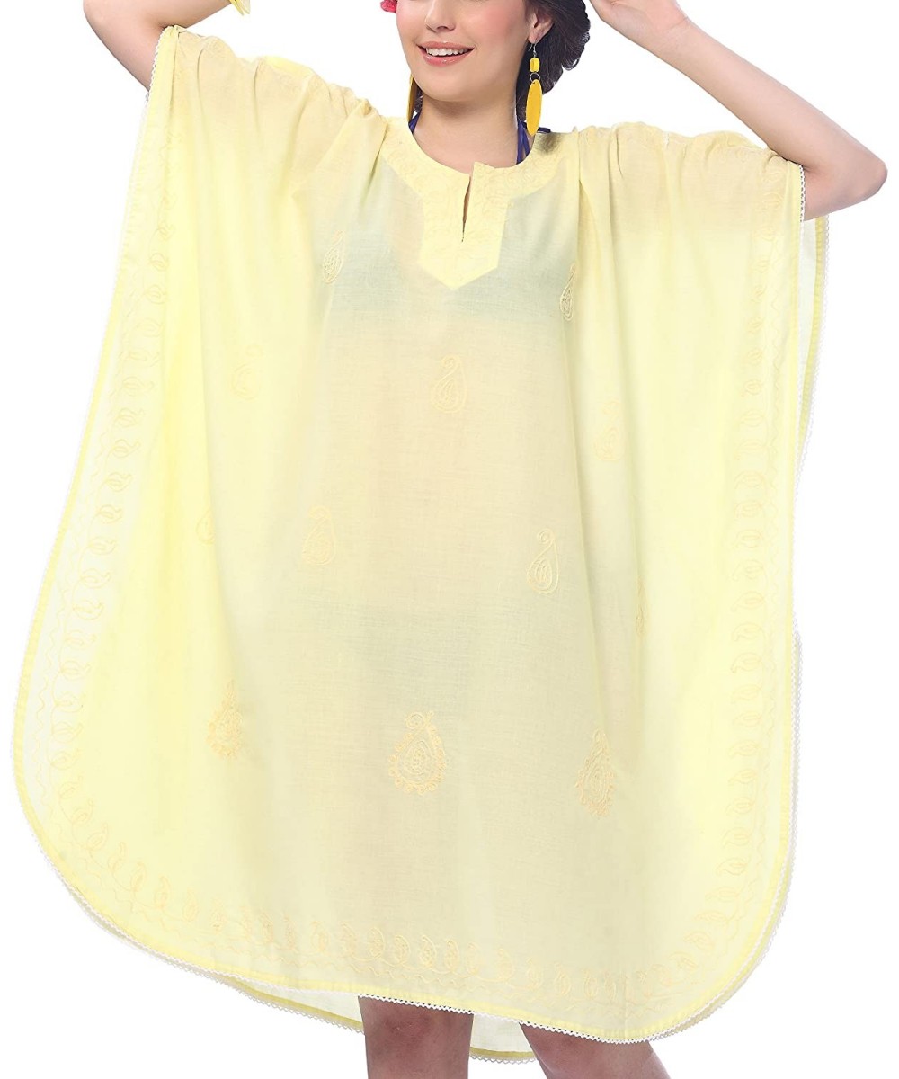 Women's Midi Caftan Boho Dress Sleep Wear Swim Cover Ups Embroidery A - Autumn Yellow_k685 - CT11OZYVBQV $21.21-Cover-Ups