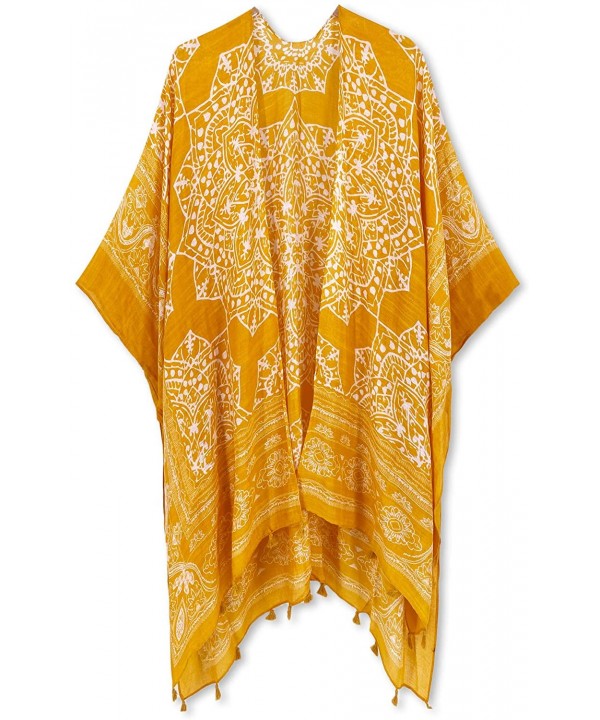 Swimsuit Cover ups for Women Open-Front Kimono Cardigan with Vintage Print - D Mustard Print - CL199X0LXMN $21.54-Cover-Ups