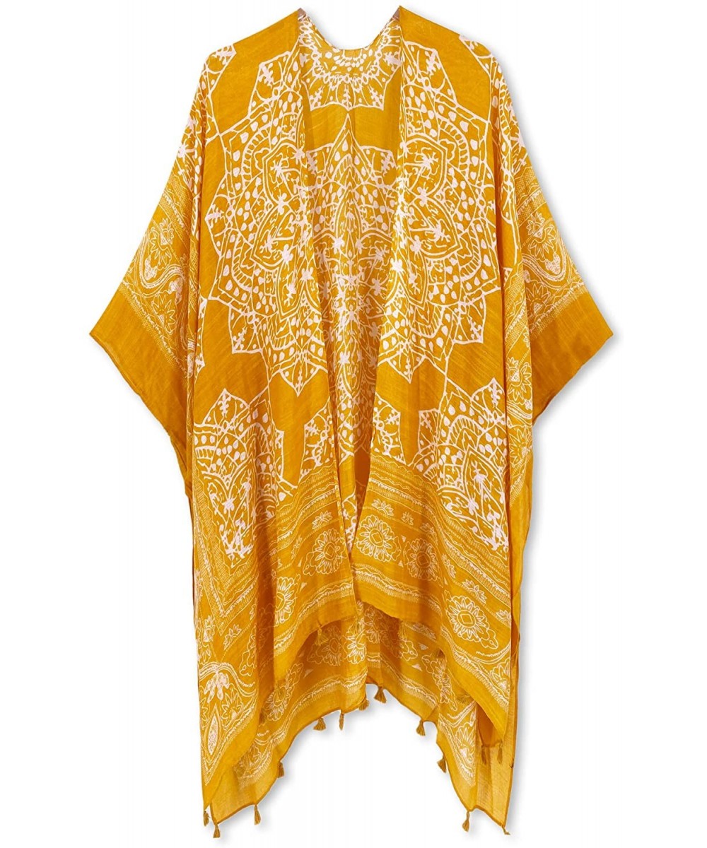 Swimsuit Cover ups for Women Open-Front Kimono Cardigan with Vintage Print - D Mustard Print - CL199X0LXMN $21.54-Cover-Ups