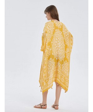 Swimsuit Cover ups for Women Open-Front Kimono Cardigan with Vintage Print - D Mustard Print - CL199X0LXMN $21.54-Cover-Ups