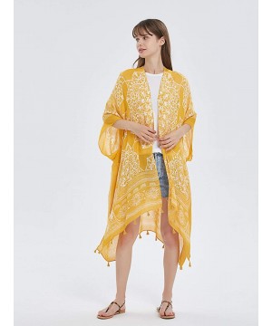 Swimsuit Cover ups for Women Open-Front Kimono Cardigan with Vintage Print - D Mustard Print - CL199X0LXMN $21.54-Cover-Ups