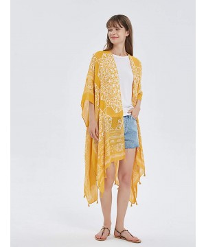 Swimsuit Cover ups for Women Open-Front Kimono Cardigan with Vintage Print - D Mustard Print - CL199X0LXMN $21.54-Cover-Ups