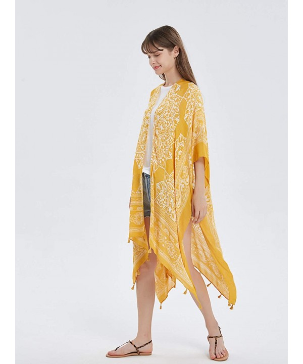 Swimsuit Cover ups for Women Open-Front Kimono Cardigan with Vintage Print - D Mustard Print - CL199X0LXMN $21.54-Cover-Ups