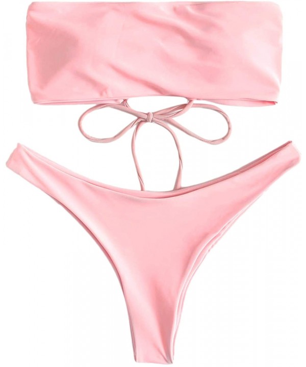 Women's Bathing Suit Lace Up Bandeau Bikini Set Two Piece Swimsuit - Pink - CJ18QSHZ9N8 $19.69-Sets