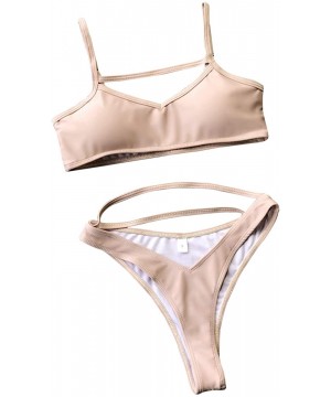 Women's 2 Piece Strappy Thong Bikini High Cut Sexy Cutout Cheeky Swimsuits - Beige - CL18S3LR5MX $30.59-Sets