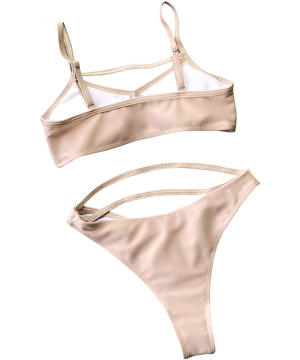 Women's 2 Piece Strappy Thong Bikini High Cut Sexy Cutout Cheeky Swimsuits - Beige - CL18S3LR5MX $30.59-Sets