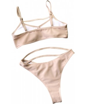 Women's 2 Piece Strappy Thong Bikini High Cut Sexy Cutout Cheeky Swimsuits - Beige - CL18S3LR5MX $30.59-Sets