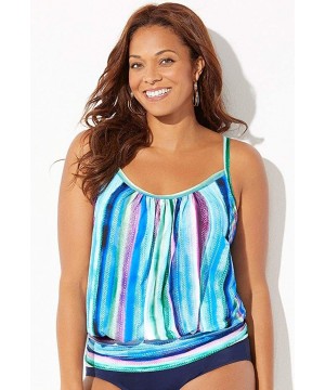 Women's Plus Size Blue White Blouson Tankini Top - Pastel Stripe - C5193K8GH80 $41.01-Tankinis