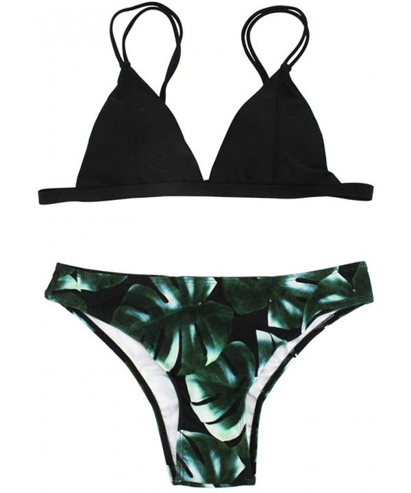 Women's Bikini Two Piece Swimsuit Leaf Print Bathing Suits Bikini Set - Black - CZ199CMGMHC $17.52-Sets