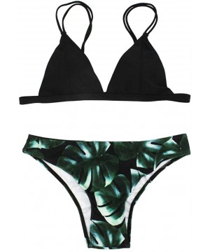 Women's Bikini Two Piece Swimsuit Leaf Print Bathing Suits Bikini Set - Black - CZ199CMGMHC $17.52-Sets