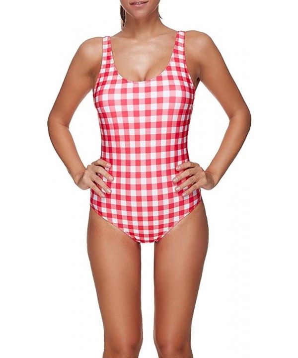 Women Retro Striped Swimsuit One Piece Bathing Suit Athletic Monokini - 8 Plaid - CG189O9N08Z $24.45-One-Pieces