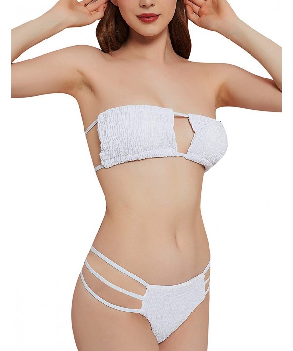 Smocked Bandeau Halter Sexy Keyhole Bikini Brazilian Thong Swimsuit for Women - Light Gray - CV1908EUI7C $30.18-Sets