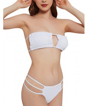 Smocked Bandeau Halter Sexy Keyhole Bikini Brazilian Thong Swimsuit for Women - Light Gray - CV1908EUI7C $30.18-Sets