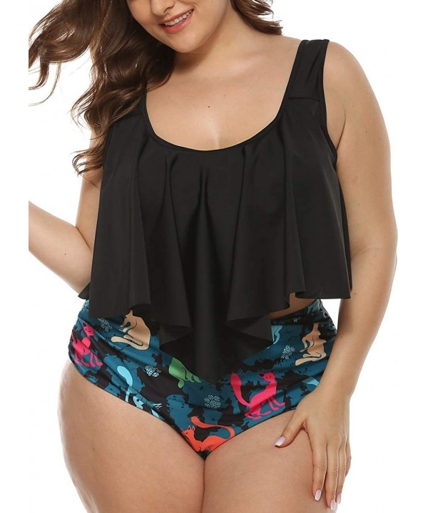 Women's High Waisted Bikini Plus Size Swimsuits Crop Flounce Two Piece Bathing Suits - Black - CZ194L8MEDH $29.29-Sets