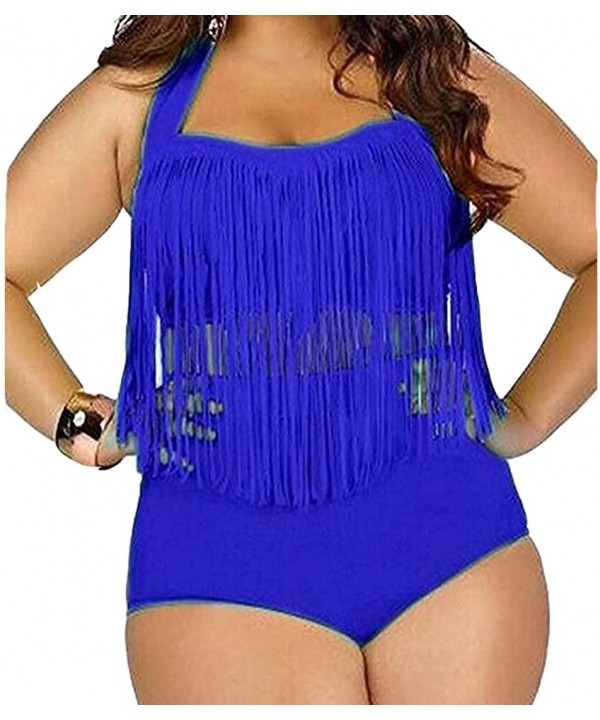 Womens Plus Size High Waist Fringe Swimwear Two Piece Swimsuit - Dark Blue - CR124NAQQZL $19.11-Sets