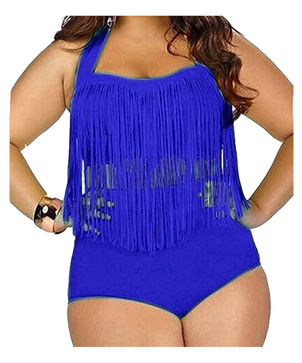 Womens Plus Size High Waist Fringe Swimwear Two Piece Swimsuit - Dark Blue - CR124NAQQZL $19.11-Sets