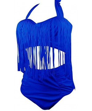 Womens Plus Size High Waist Fringe Swimwear Two Piece Swimsuit - Dark Blue - CR124NAQQZL $19.11-Sets