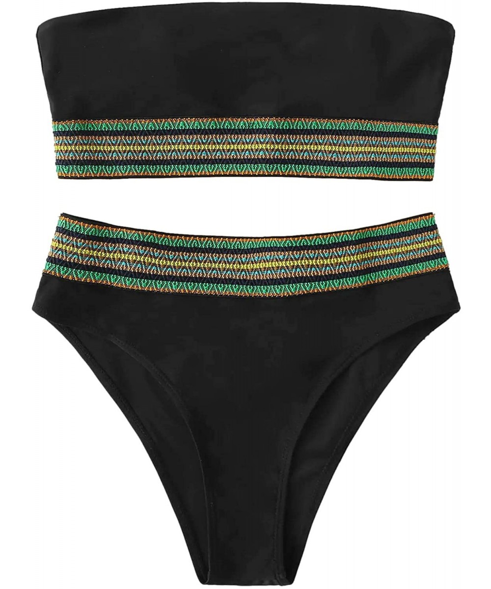 Women's Bathing Suits Striped Bandeau Bikini high Waisted Swimsuits Swimwear Set - Black - CZ199UE2990 $21.25-Sets