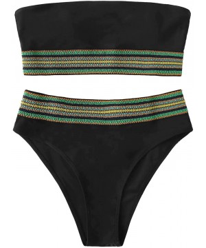 Women's Bathing Suits Striped Bandeau Bikini high Waisted Swimsuits Swimwear Set - Black - CZ199UE2990 $21.25-Sets