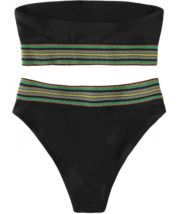 Women's Bathing Suits Striped Bandeau Bikini high Waisted Swimsuits Swimwear Set - Black - CZ199UE2990 $21.25-Sets