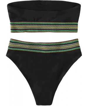 Women's Bathing Suits Striped Bandeau Bikini high Waisted Swimsuits Swimwear Set - Black - CZ199UE2990 $21.25-Sets