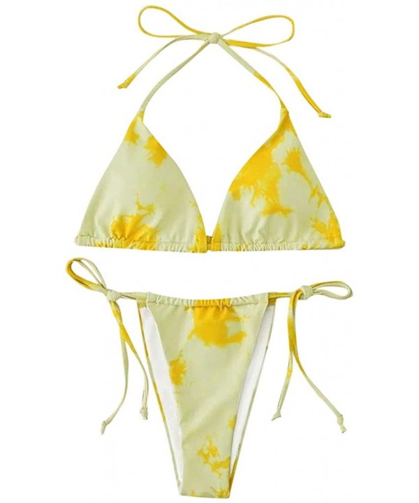 2020 Women's Sexy Tie-Dye Bikini Set Vintage Scoop Neck Front Knot Tops Ruffle Bottom Swimsuit - F-yellow - CW1902ZXGM5 $14.8...