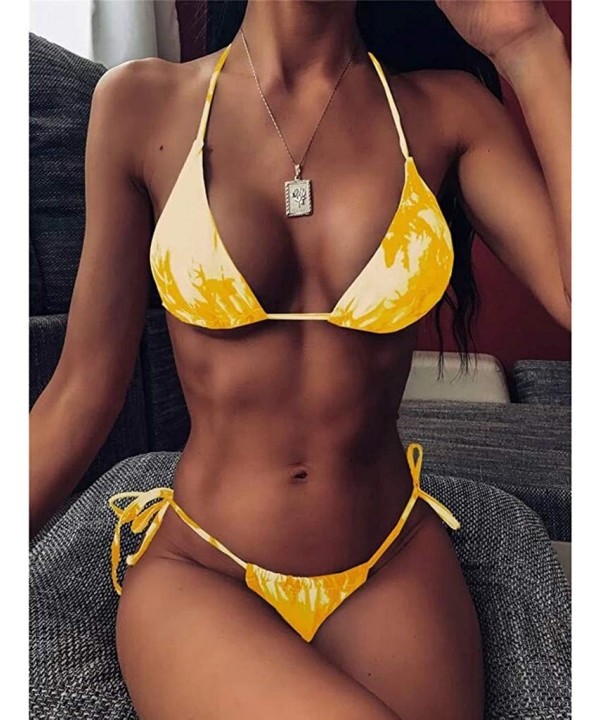 2020 Women's Sexy Tie-Dye Bikini Set Vintage Scoop Neck Front Knot Tops Ruffle Bottom Swimsuit - F-yellow - CW1902ZXGM5 $14.8...